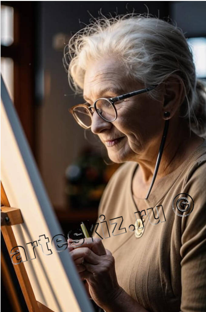 Пожилая женщина рисует и переносит свои чувства на холст