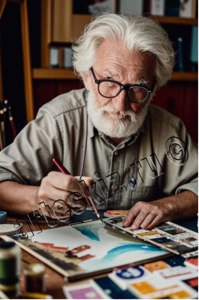 Пожилой мужчина рисует акварелью