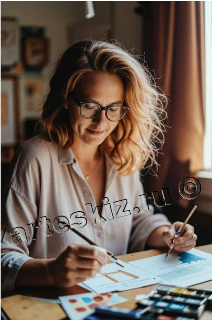 Женщина рисует акварелью