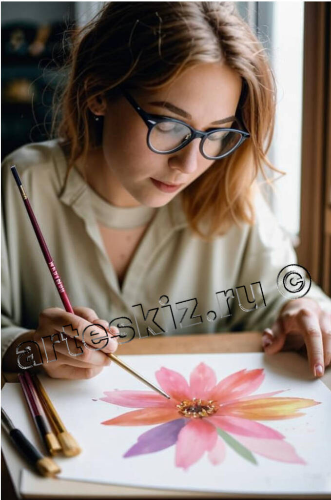 Женщина рисует цветок акварелью
