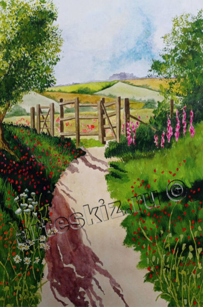 Сельский пейзаж в солнечный день акварелью в стиле импрессионизм